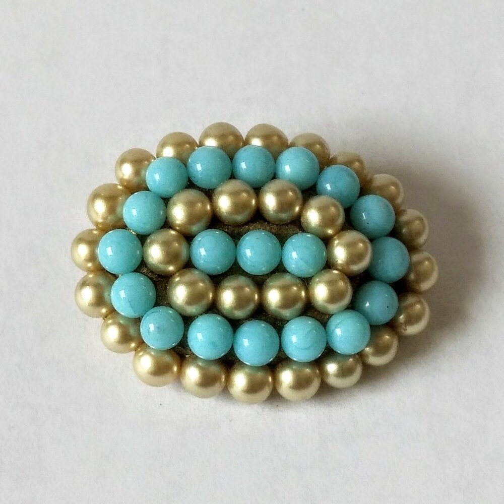 Vintage Beaded Brooch Faux Pearl Turquoise C-Clasp Retro Jewelry